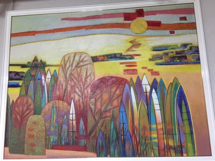 絵画 題名 染められて 筒描き藍染｜Japanese glue resist dyeing] 三十三応現身瀧図 | 紺仁